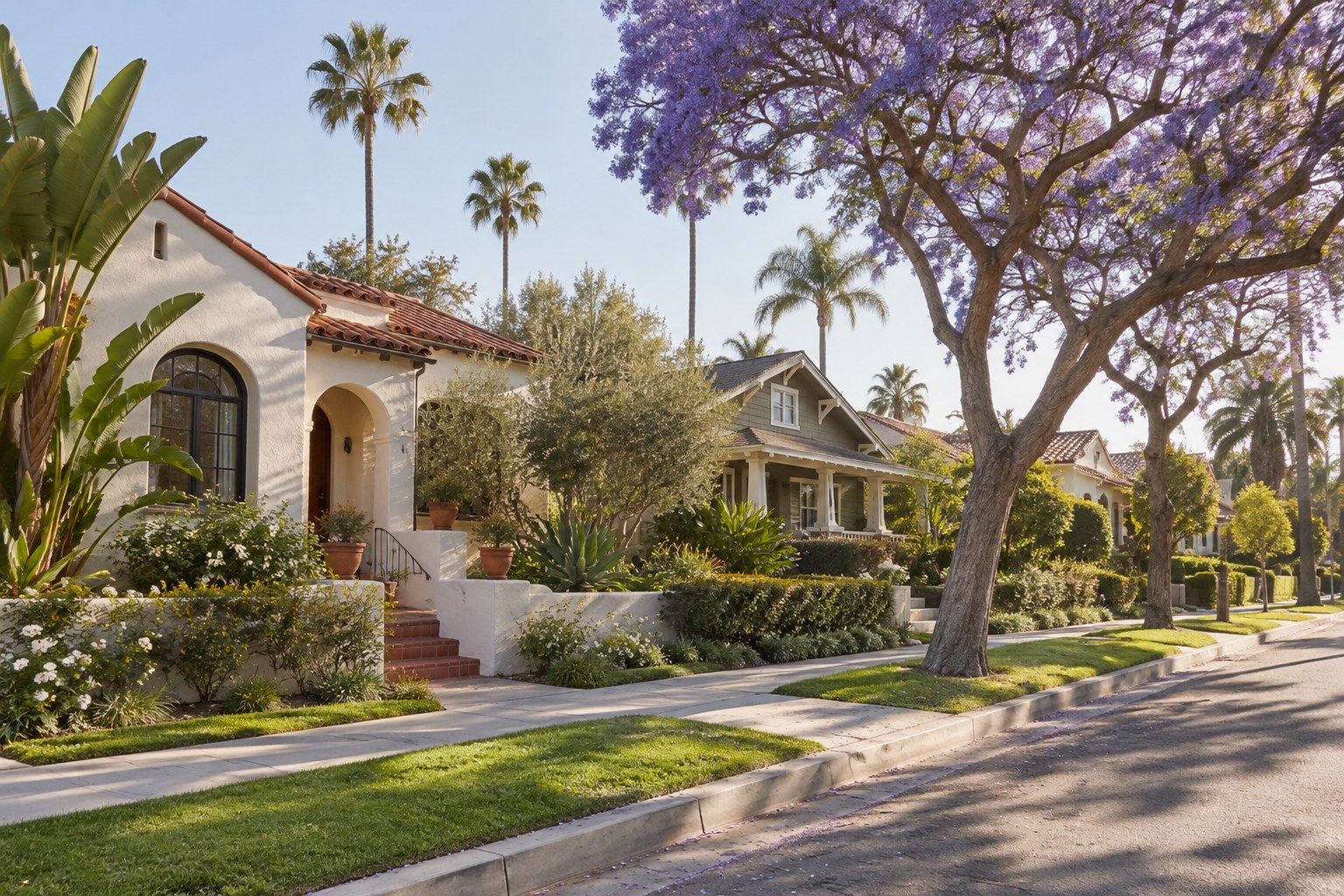 A quiet Westside residential street with palm trees, illustrative