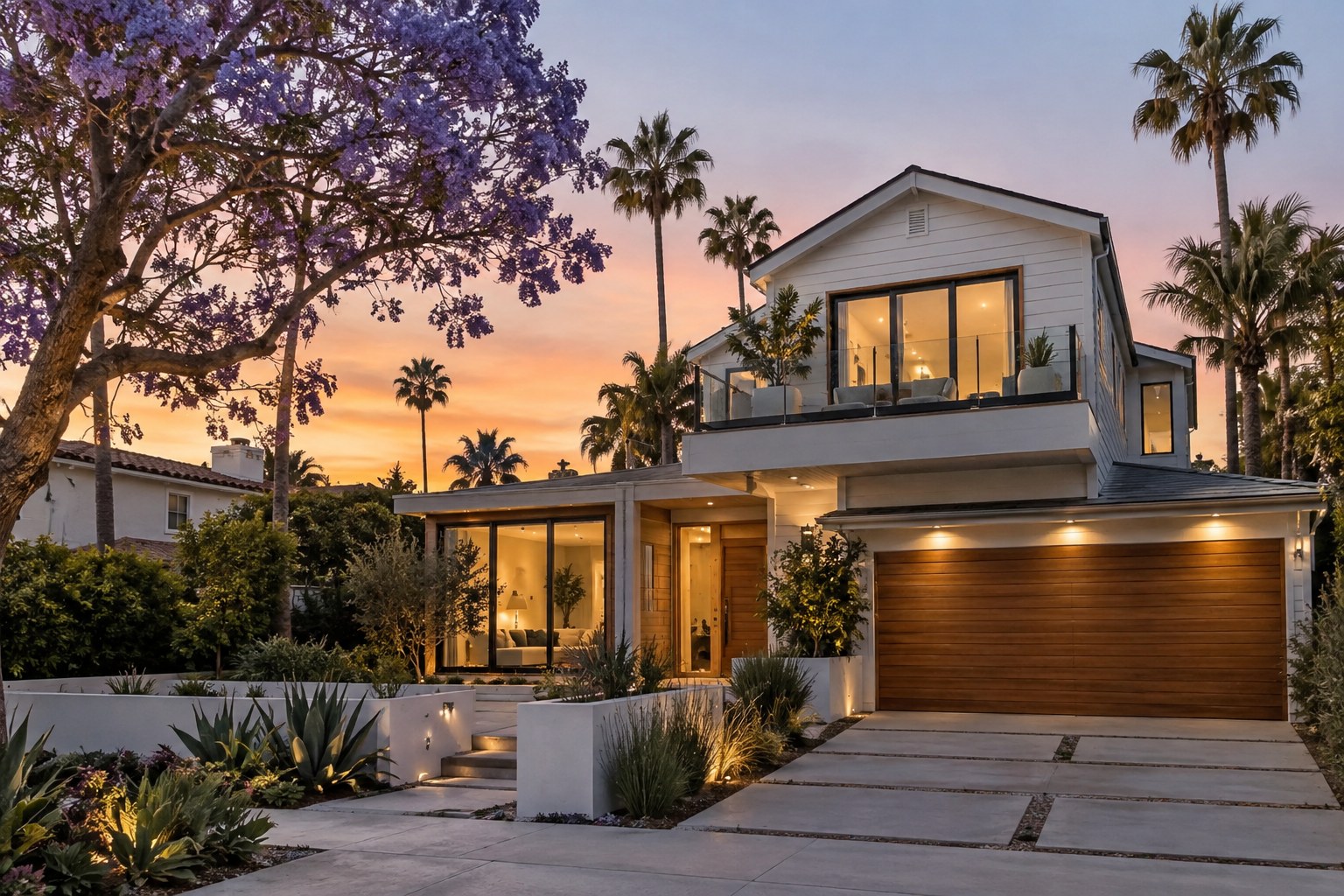 A modern coastal home at dusk, illustrative