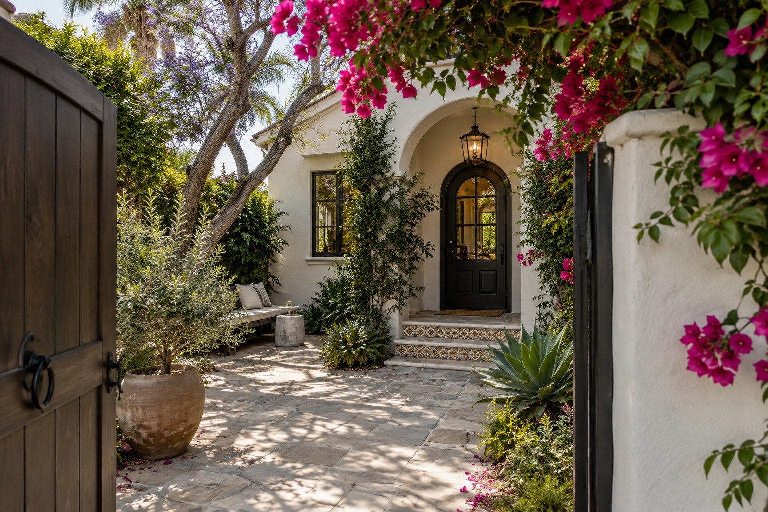 A shaded courtyard entry of a California home, illustrative